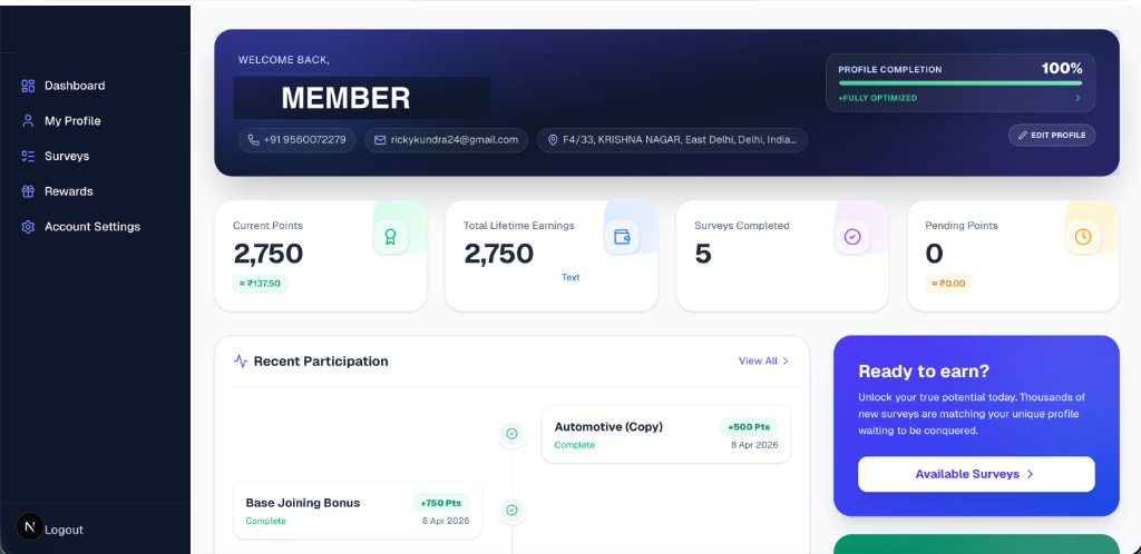 Survique Panelist Dashboard